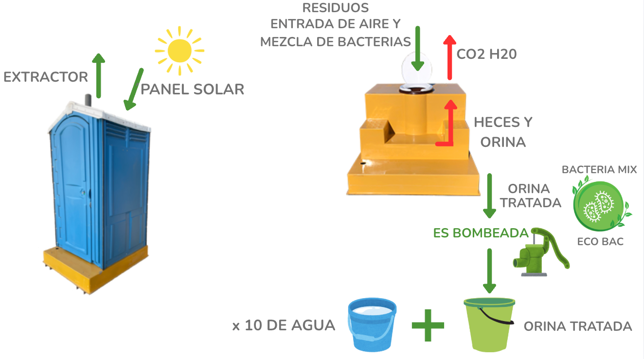 Diagrama del proceso Ecoloo: extractor, panel solar, bacterias, orina tratada y fertilizante orgánico